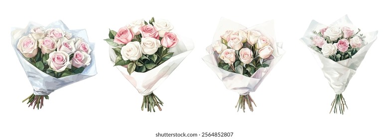 Watercolor bouquet of white and pink roses packed in a white wrapper png. Bouquets of roses in a white wrapper on a transparent background. Watercolor floristry. Vector illustration.