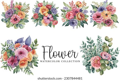 Watercolor bouquets with beautiful flower and leaves on white background