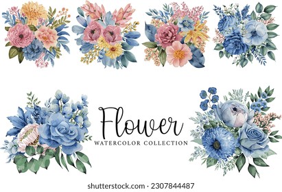 Watercolor bouquets with beautiful flower and leaves on white background