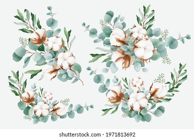 Watercolor bouquets with cotton and branches of eucalyptus