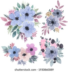 Watercolor bouquets of flowers in purple muted shades. Vector image of a flower isolated on a white background. For wedding cards, invitations, stickers, printed holiday products