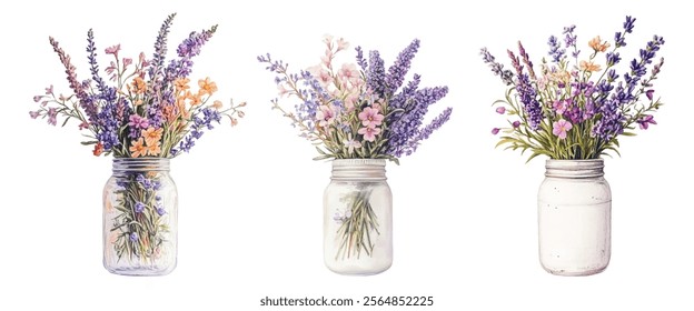 Watercolor bouquets of lavender with wildflowers in a jar. Rustic bouquet of half-timbered flowers in watercolor. Vector illustration.