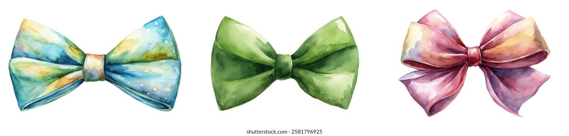 Watercolor bow designs, colorful ribbon styles, artistic illustration, vibrant hues, decorative elements, fashion accessories.