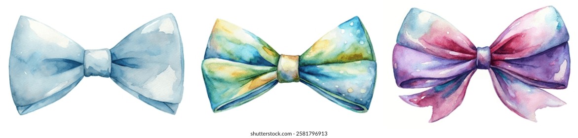 Watercolor bow designs, vibrant colors, artistic style, fashion accessories, decorative elements, gift wrapping ideas.