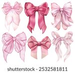 Watercolor bow. Hand drawn illustration isolated, white background. Magenta, pink, pastel colors. Wedding invitation, party decoration, greeting card. Knot symbol. Vintage tie, bowtie. Trendy coquette