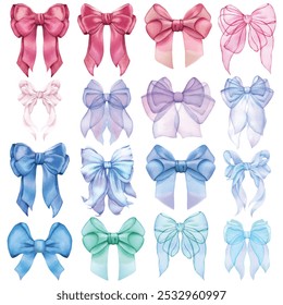 Watercolor bow. Hand drawn illustration isolated, white background. Blue, pink, pastel colors. Wedding invitation, party decoration, greeting card. Knot symbol. Vintage tie, bowtie. Trendy coquette