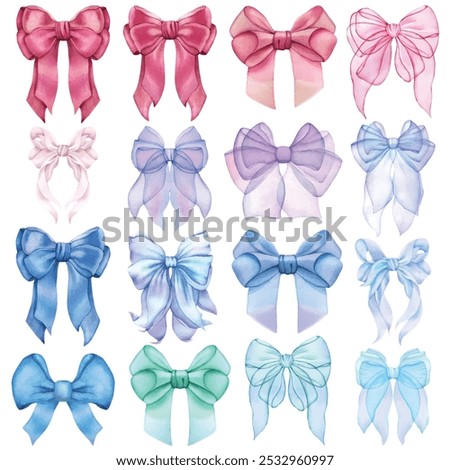 Watercolor bow. Hand drawn illustration isolated, white background. Blue, pink, pastel colors. Wedding invitation, party decoration, greeting card. Knot symbol. Vintage tie, bowtie. Trendy coquette