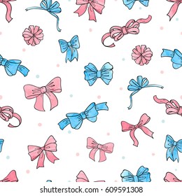 Watercolor bow seamless pattern. Vector background with pink and blue bows and ribbons.