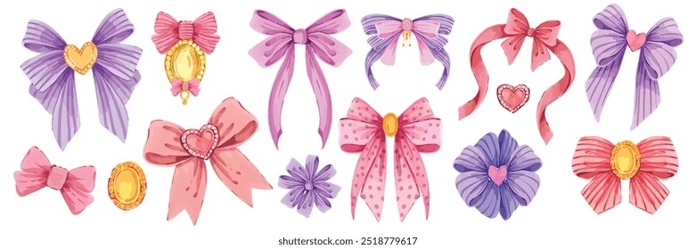 Watercolor bow set, hand drawn cute girly vector vintage hair accessories clipart, romantic ribbon. Wedding holiday jewellery, silk fashion decoration, cartoon sticker. Retro watercolor bow collection