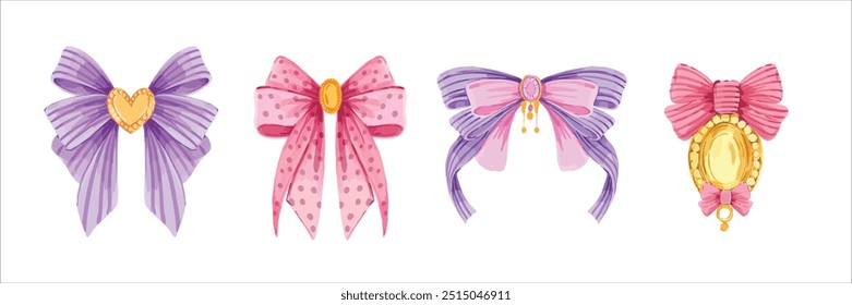 Conjunto de arco de acuarela, cinta femenina dibujada a mano de Vector, Clipart romántico de accesorios para el cabello lindo vintage. Joyería de vacaciones de Boda, decoración de moda de seda, pegatina de dibujos animados. Colección de arco de acuarela retro