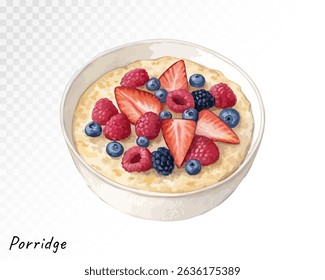 Watercolor bowl of oatmeal porridge with fresh strawberries, blueberries and raspberries, perfect for breakfast and healthy food designs. Vector illustration