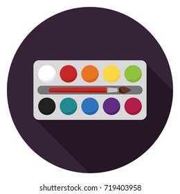 Watercolor box with brush icon. Illustration in flat style. Round icon with long shadow.