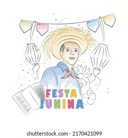 Watercolor boy cartoon with summer hat and ornaments Festa Junina Poster Vector