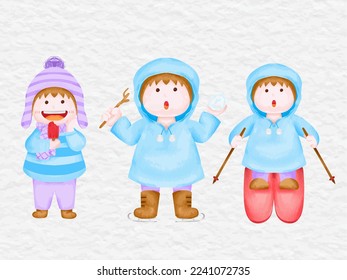 watercolor boy cute character winter element set collection