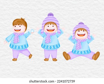 watercolor boy cute character winter element set