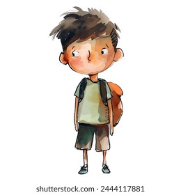 Watercolor boy. Watercolor pupil stands tall. Cute baby