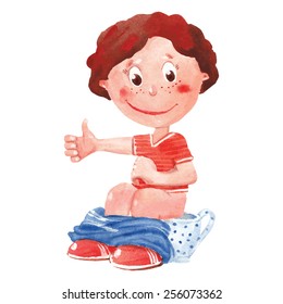 Watercolor Boy Sitting On  Chamber Pot