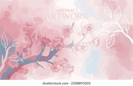 watercolor branch with blossom, rosecolor, spring artwork