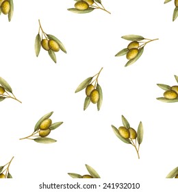 Watercolor branches of olives seamless pattern. Vector illustration.