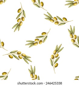 Watercolor branches of olives seamless pattern. Vector illustration.