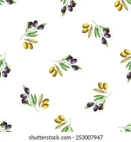 Watercolor branches of olives seamless pattern. Vector illustration.