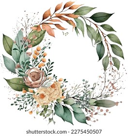 watercolor branches, spring flowers and leaves wreath in circle frame composition. Wedding design