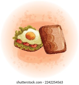 Watercolor Bread with Bacon and Egg for Breakfast Meal Illustration 02