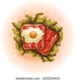 Watercolor Bread with Bacon Egg and Lettuce for Breakfast Meal Illustration