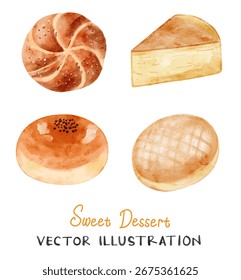 Pão aquarela e conjunto de vetor de sobremesa. Pão de alho, bolo de queijo, brioche, pães doces.