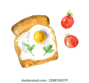 Aquarellbrot mit Ei. handgezeichnete Illustration einzeln auf weißem Hintergrund