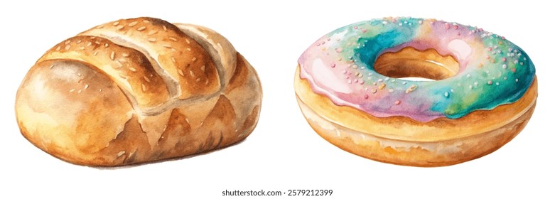 Watercolor bread loaf, colorful donut, bakery illustration, food art, delicious pastries, sweet treats, culinary design.