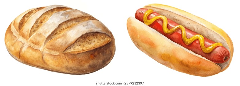 Watercolor bread loaf, hot dog bun, food illustration, culinary art, delicious snacks, fresh ingredients.