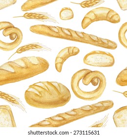 Watercolor Bread seamless pattern.Different type of bread.Fresh organic pastries  products, loaf, bread, croissant, cookies, baguette, pretzel.Vintage vector  background,backdrop