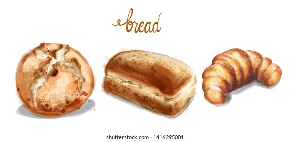 Watercolor bread set Vector illustration. Vintage homemade bakery