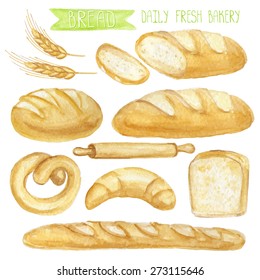 Watercolor Bread set.Different type of bread.Daily Fresh organic pastries  products, loaf, bread, croissant, cookies, baguette, pretzel,roll pin.Vintage vector set,isolated.For card,poster,banner