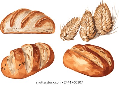 Watercolor bread vector set. Set of baking, bread, bakery product in watercolor style. Buns, baguettes, bread, pastries, and other baked goods. Vintage watercolor concept for a bakery, menu design