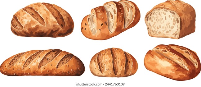 Watercolor bread vector set. Set of baking, bread, bakery product in watercolor style. Buns, baguettes, bread, pastries, and other baked goods. Vintage watercolor concept for a bakery, menu design