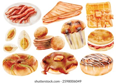 Watercolor Breakfast Food Set, Hand Paint, Realistic, Pancake, Waffle, Muffin, Cinnamon Roll, Toast, Bacon, Boiled Egg, Biscuit, Bakery, Vector, Illustration

