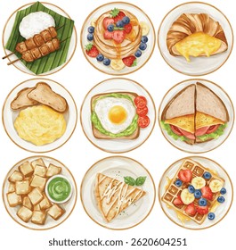 Aquarela Café da Manhã Comida Vetor Clip Art Set Mão Pintado Panqueca Toast Sanduíche Waffle Croissant Ovo Tailandês Sobremesa Ilustração