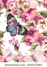 Watercolor briar flowers and butterfly seamless pattern. Pastel colored Dog Rose branches on white background. Hand painted illustration with paper texture