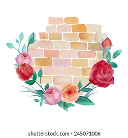 Watercolor brick wall roses label. Vintage background with leaves, english roses, branches and bricks. Vector hand drawn illustration