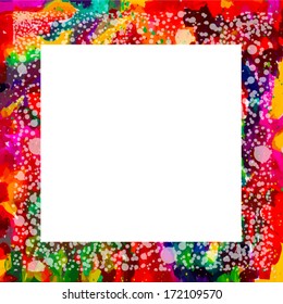 watercolor bright color background of ink stains with white frame. Vector