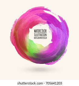 Watercolor bright color texture. Ink round stroke on white background. Simple style. Vector illustration of grunge circle stains.
