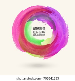 Watercolor bright color texture. Ink round stroke on white background. Simple style. Vector illustration of grunge circle stains.