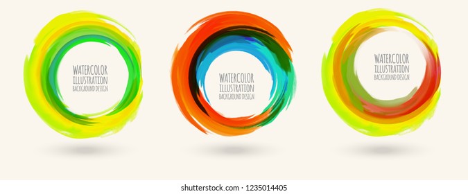 Watercolor bright color texture set. Ink round stroke on white background. Simple style. Vector illustration of grunge circle stains.