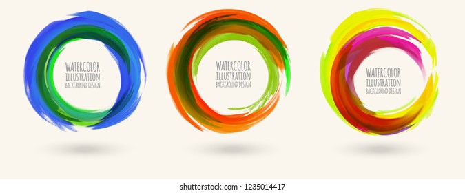 Watercolor bright color texture set. Ink round stroke on white background. Simple style. Vector illustration of grunge circle stains.