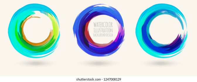 Watercolor bright color texture set. Ink round stroke on white background. Simple style. Vector illustration of grunge circle stains.