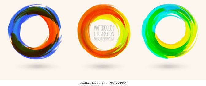 Watercolor bright color texture set. Ink round stroke on white background. Simple style. Vector illustration of grunge circle stains.