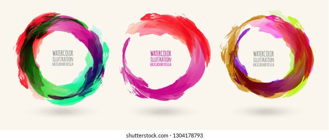 Watercolor bright color texture set. Ink round stroke on white background. Simple style. Vector illustration of grunge circle stains.