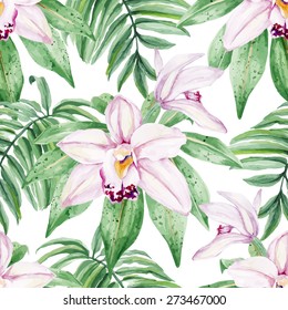 Watercolor bright gentle Orchid flowers. Seamless, hand painted pattern. Vector background.